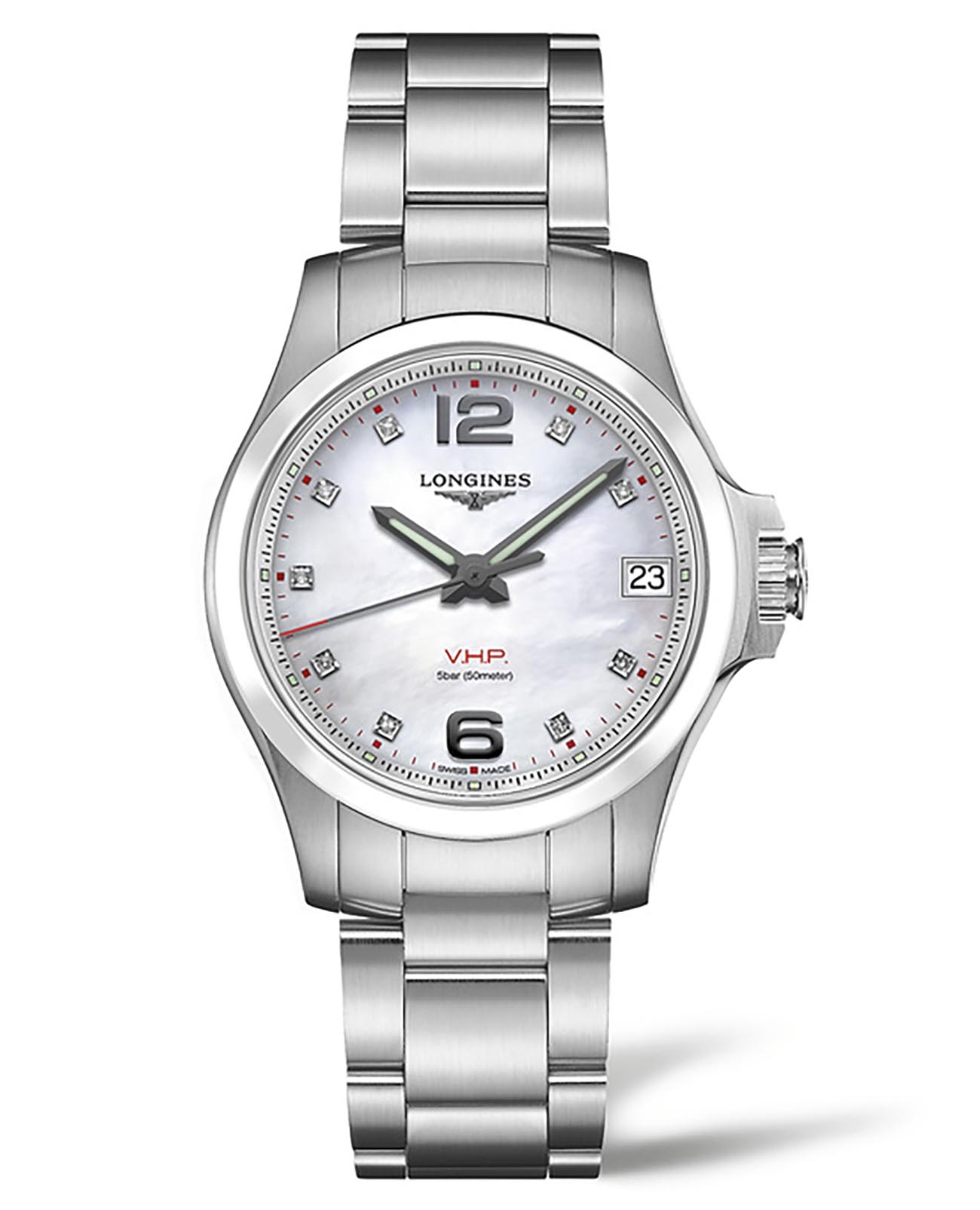 Longines Longines Conquest V.H.P. L3.319.4.87.6  L33194876 кварцевые женские часы белый циферблат, браслет нержавеющая сталь — вид спереди